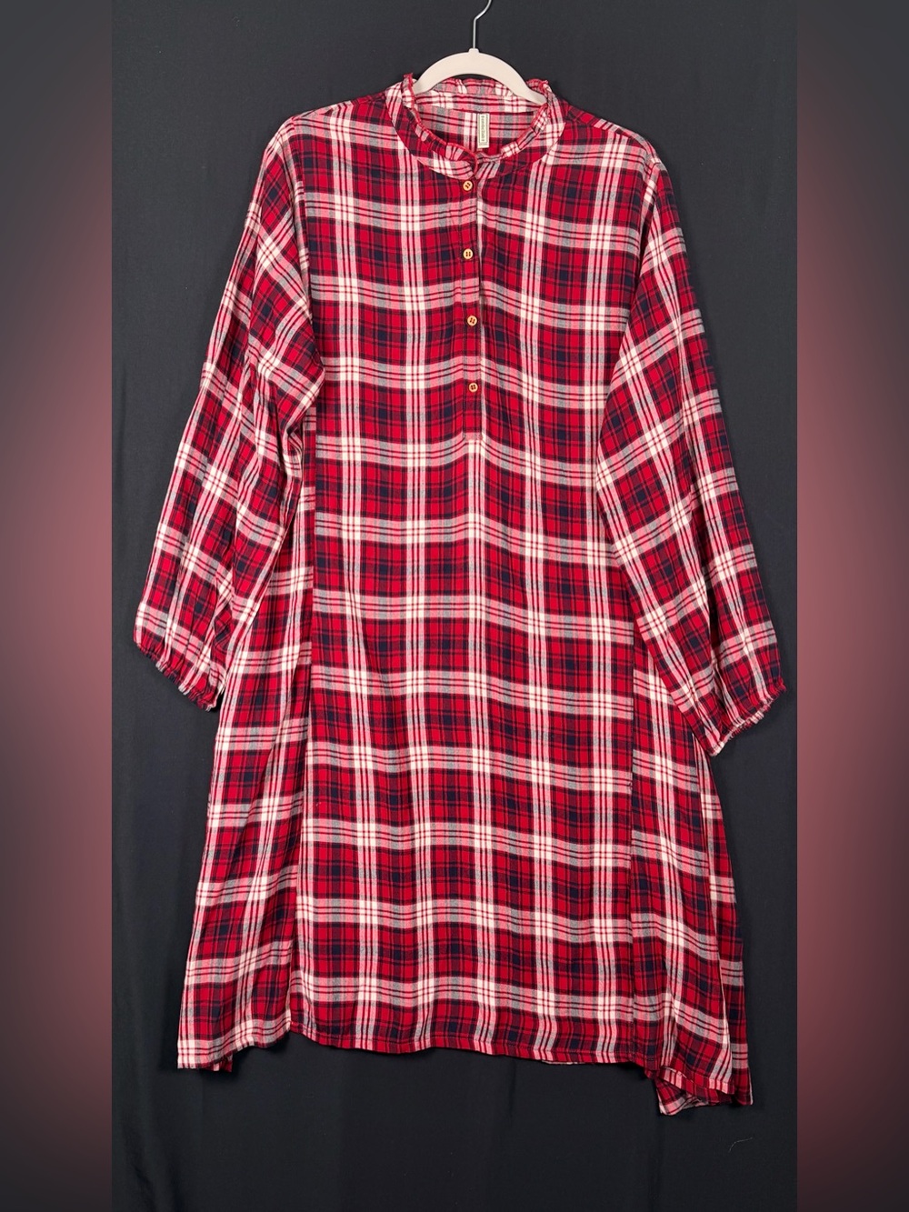 Embellish Large Women's Red Plaid Nightdress Pleated Lightweight Prairie Cottage
